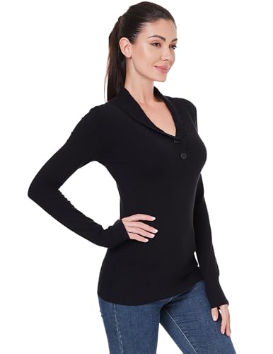 Image of AmelieBoutik Women Cable Knit Button Collar V Neck Ribbed Trim Long Sleeve Sweater Top