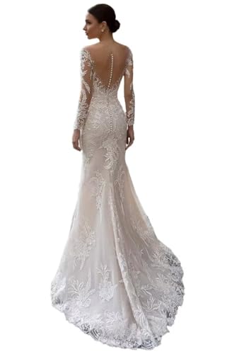 Mermaid Wedding Dresses for Bride Lace Appliques Tulle Boho Beach Bride Dress with Train He8921
