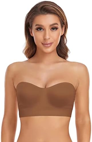 Lusait Strapless Bra for Women Non-Slip Silicone Padded Bandeau Bra Wireless Tube Top Bra Brown M
