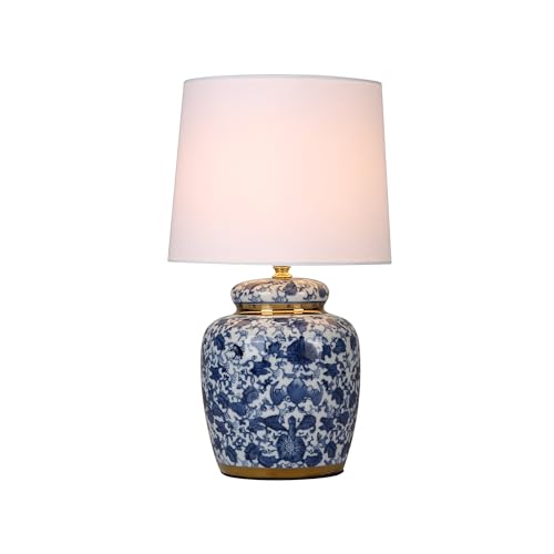 Lexi Lighting Keziah Ceramic Table Lamp, White Blue Floral Base, White TC Tapered Shade, H43.5, Classic Chinoiserie Ming Porcelain Vase Light for Bedroom Living Room Home Décor