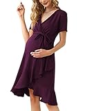  KOJOOIN Damen Umstandskleid V-Ausschnitt Stillkleid Casual Schwangerschafts Rüschen Kleider mit Gürtel Burgundy(Kurzarm) M