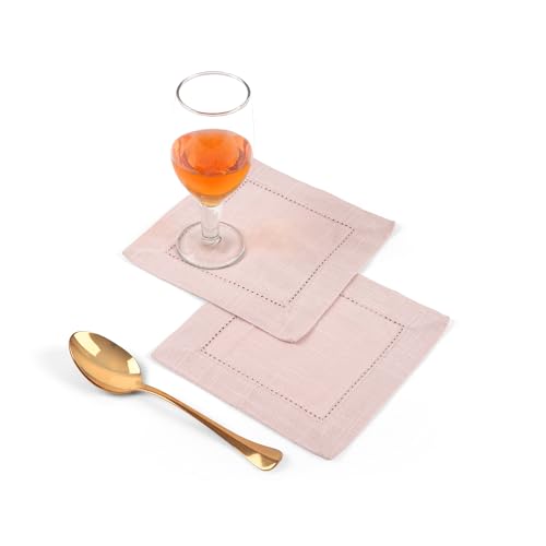 Image of Fingercraft Cotton Cocktail Napkins 6x6 Inches - Set of 12 Reusable Cloth Beverage Coasters with Elegant Ladder Hemstitch - Perfect for Parties, Bars & Home Use (Pink Slub)