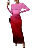 MARZXIN Women Long Sleeve Maxi Dress Bodycon Ruched Formal Slim Fit Tie Dye Dress Formal Mesh Dress Gradient Pink XL