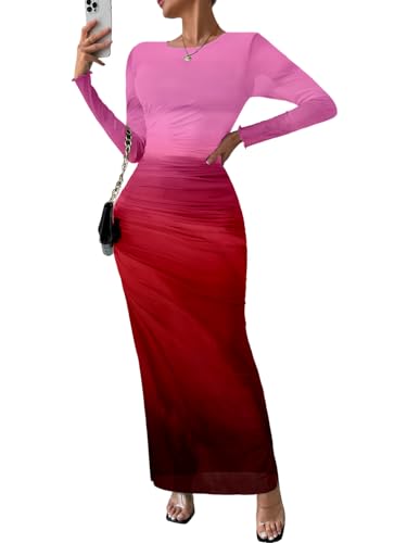 Image of MARZXIN Women Long Sleeve Maxi Dress Bodycon Ruched Formal Slim Fit Tie Dye Dress Formal Mesh Dress