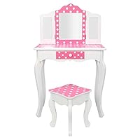 Vasitelan Kids Vanity Table and Chair Set, Girls Vanity Set with Mirror and Stool, Makeup Dressing Princess Table with Drawer, Kids Vanity Set with Mirror