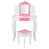 Kids Vanity Table and Chair Set, Girls Vanity Set with Mirror and Stool, Tri-Folding Mirror, Makeup Dressing Princess Table with Drawer, Kids Vanity Set with Mirror (Style 4-Pink) -  Vasitelan