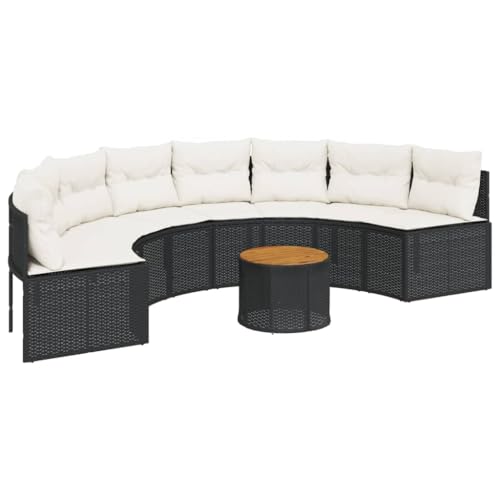 vidaXL Patio Sofa with Table and Cushions, Semi Circle Couch for Garden Balcony, Patio Furniture, Outdoor Seating, Half-Round Black Poly Rattan