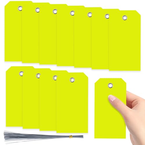 Swpeet Lot de 200 étiquettes jaunes en plastique étanches inscriptibles de 12 x 6 cm - Étiquettes à œillets - Étiquettes en plastique avec fils - Étiquettes suspendues fixées - Étiquette vierge pour