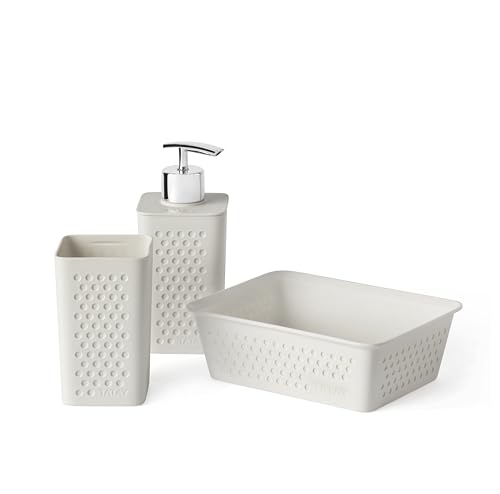 TATAY Set de 3pcs Sobremesa de baño (Vaso + Dosificador + Organizador A6) Bohol, de Polipropileno, Libre de BPA, Plástico 100% Reciclado, Blanco