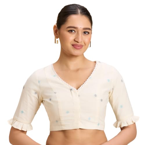 Image of Studio Shringaar Women's Handloom Cotton Jamdani Border Readymade Saree Blouse