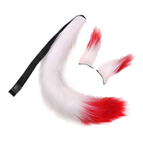 Ensemble Cosplay Oreilles Queue Fausse Fourrure Bicolore Douce Blanc Rouge