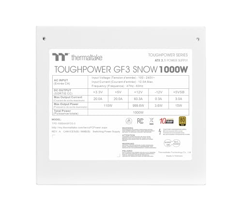 Image of Thermaltake Toughpower GF3 1000W; ATX 3.1; Native PCIe 5.1 12V-2x6; Color Matched Connectors; Japanese Main Capacitors; Colored Custom 135mm Fan; 80 Plus Gold Certified; Snow; PS-TPD-1000FNFAGU-S