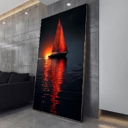 Art mural nautique coucher de soleil et reflet voilier rouge