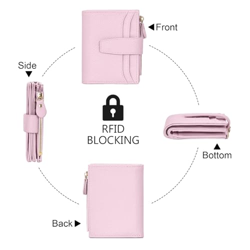 oscaurt Small Wallet Women RFID Blocking Bifold Compact Credit Card Holder Leather Wallets for Women with Zipper Coin Pocket and 2 ID Window (Pink)4