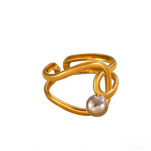 Yukymui Two Tone Open Ring for Women & Men, Adjustable Gold and Silver Geometric Ring, Minimalist Boho Stainless Steel Statement Jewelry for Everyday Stacking (D-G)