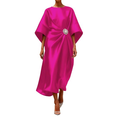 Image of TURWXGSO Wedding Guest Dress for Women UK Crew Neck Satin Dress Casual Batwing Sleeve Maxi Dress Elegant Summer Dresses with Rhinestone Waist Brooch Party Evening Occasion Wear