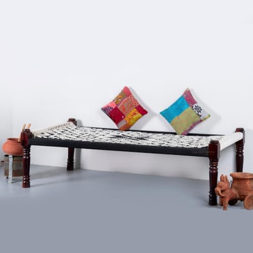 Image of Solid Sheesham Wood Charpai Khat | Handcrafted Daybed Khatiya Charpai with Cotton Rope | Traditional Khat Bed Wooden Diwan Cot for Living Room | 6X3 Feet | Black and White
