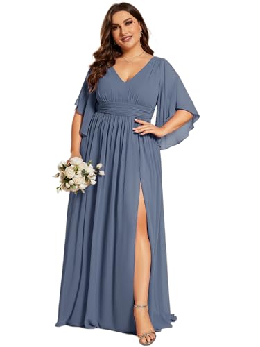 Image of Ever-Pretty Plus Women's Plus Size V Neck Half Sleeves Slit A Line Floor Length Bridesmaid Dress 01886-DA