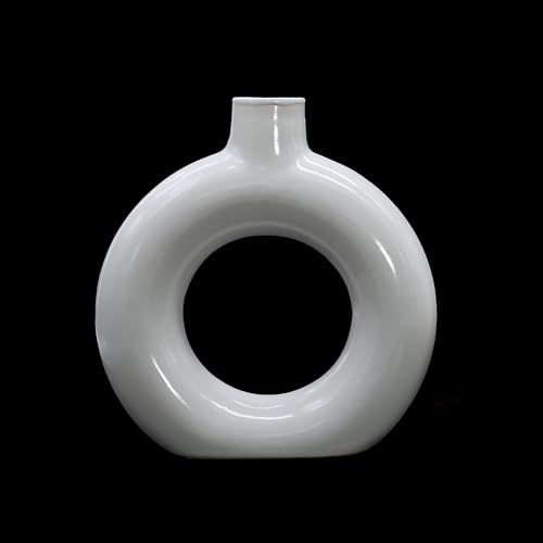 Image of Modern Ceramic Ring Vase with Pink Floral Stems, White, Decorative Flower Holder for Home (6 INCH)