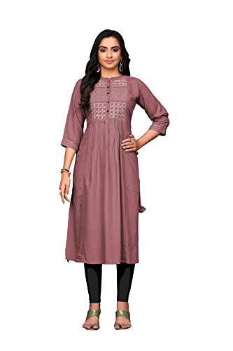 Image of Amazon Brand - Anarva Women's Rayon Straight Embroidery Solid Kurta