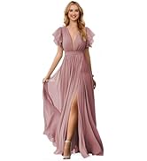 QFMYYXGS V Neck Ruffle Sleeve Bridesmaid Dresses for Women Long Slit Chiffon Formal Prom Dress Ru...