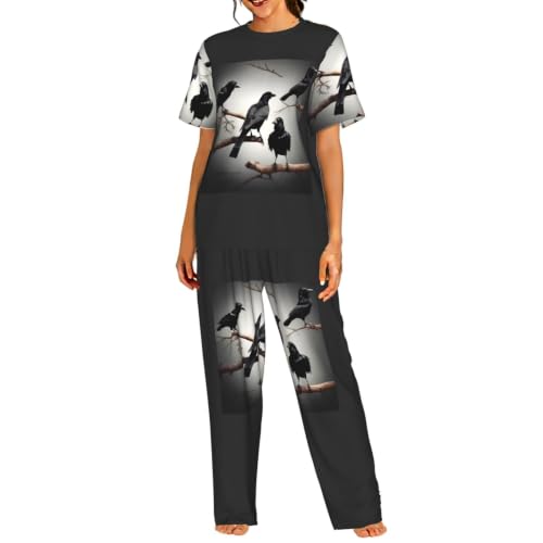 Pyjama court femme imprimé oiseau nuit ensemble short tee shirt noir et blanc