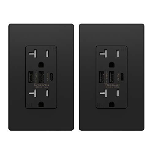Elegrp Usb Outlets Receptacles, 3-Port Usb C Wall Outlet, 30W 6.0A Usb Electrical Outlet, 20 Amp Tamper-Resistant Outlet With Usb C Ports, Ul Listed, Screwless Wall Plate Included, 2 Pack, Matte Black #TOP11
