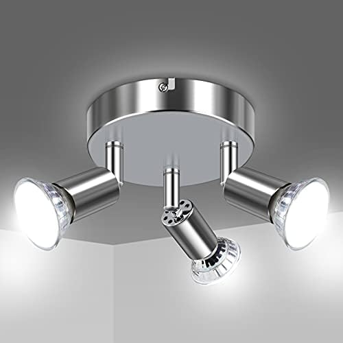 Uchrolls LED Ceiling Light Rotatable,3 Way Swiveling Round Plate Spotlight for Kitchen, Living Room and Bedroom, Complete with 3X 4W GU10 LED Light Bulbs (450LM, Cool White)- White Chrome