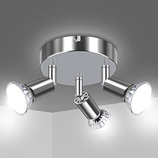 Uchrolls LED Ceiling Light Rotatable,3 Way Swiveling Round Plate Spotlight for Kitchen, Living Room and Bedroom, Complete with 3X 4W GU10 LED Light Bulbs (450LM, Cool White)- White Chrome