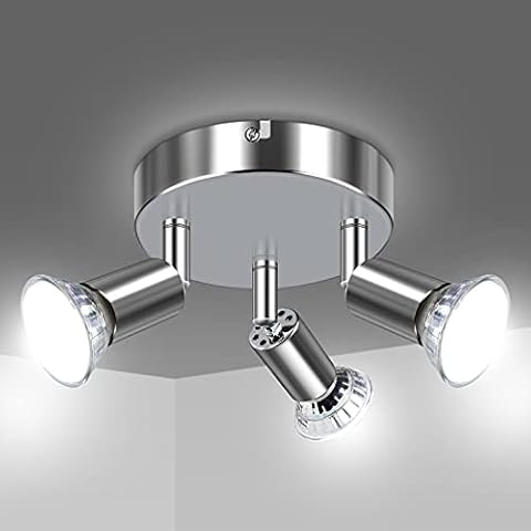Uchrolls LED Ceiling Light Rotatable,3 Way Swiveling Round Plate Spotlight for Kitchen, Living Room and Bedroom, Complete with 3X 4W GU10 LED Light Bulbs (450LM, Cool White)- White Chrome Cover