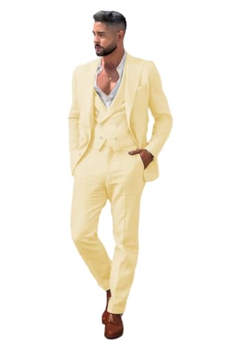 Mens Linen Suit 3 Piece Double Breasted Blazer Vest Pants Casual Peak Lapel Men's Suits for Summer Beach Wedding2