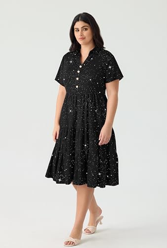 Image of CARCOS Plus Size Dresses for Curvy Women Collared Vneck Short Sleeve Dresses Midi Summer Ruffle Dress with Pocket XL-5XL