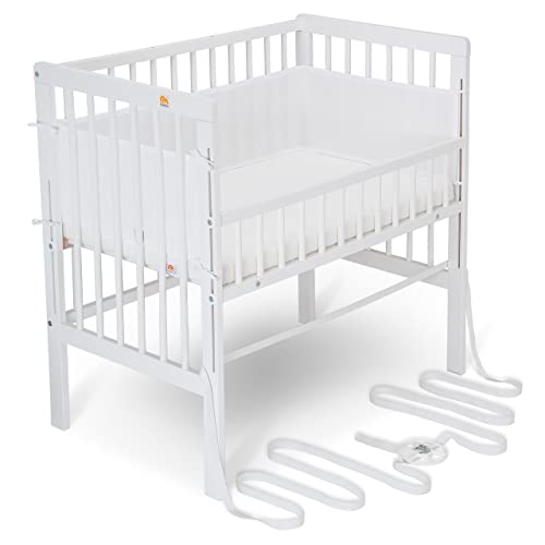 FabiMax Baby Beistellbett für Boxspringbett, TÜV geprüft 2022, inkl. Matratze und Nestchen aus Netzstoff, Buche massiv weiß, Air/weiß