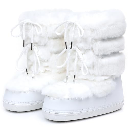 ZHENAIYISHENG Furry Faux Fur Boots for Women - Fuzzy Winter Snow Boots - Fluffy Black White Pink Lace-up Water-Resistant Platform Mid-Calf Boots (white 8 9)