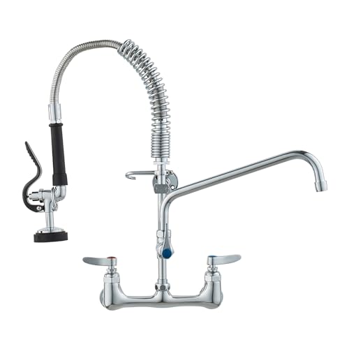 VEVOR Commercial Faucet with Pre-Rinse Sprayer, 21' Height, 8' Center, 12' Swing Spout, Wall Mount Kitchen Sink Faucet, Brass Constructed Device with Pull Down Spray, for 1/2/3 Compartment Sink