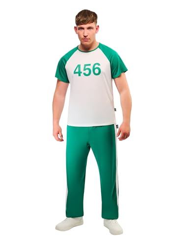 Rubies Disfraz Jugador 456 para hombres y mujeres, Chándal jugadores verde con chaqueta, camiseta y pantalones, Licencia Oficial Juego del Calamar, Squid Game para Halloween, fiestas y Cosplay