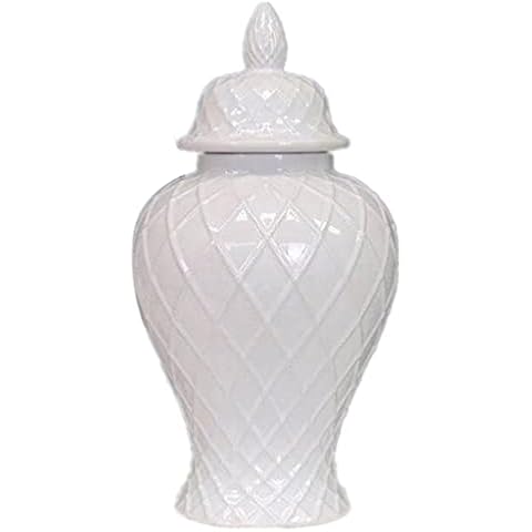 ZHOUXIAO Ceramic White Ginger Jar With Lid Diamond Pattern, Beautiful Decorative Porcelain Jars Temple Jar With Lids, Flower Vases Decor for Living Room Bedroom Shelf Bookshe A Cover