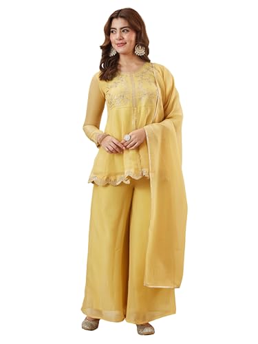 Image of MOKOSH Women's Silk Embroidered Peplum Kurta Sharara with Dupatta | Kurta Set | Ethnic Wear |Round Neck Full Sleeve Kurta | 3 Piece Outfit |Embroidered