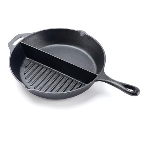 12.7 Inch Divided Grill Pan | Unseasoned Cast Iron Skillet | Cast Iron Flat Pan for Indoor Kitchen and Outdoor Camping