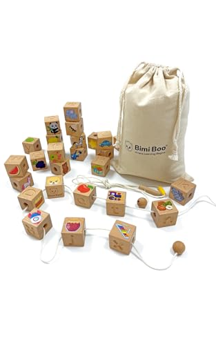 Image of Bimi Boo Alphabet Lacing Beads for Toddlers - ABC Fine Motor Letter Threading Wooden Toy with Objects & Animals (26 Large Stringing Blocks, 2 Ropes, Cotton Bag)