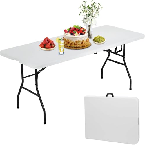 Image of 5Ft Folding Table, Portable Table for Home Office, Multipurpose Picnic Table with Carrying Handle,100kg Load Capacity Outdoor Camping & Study Desk (150x74x70cm,White)