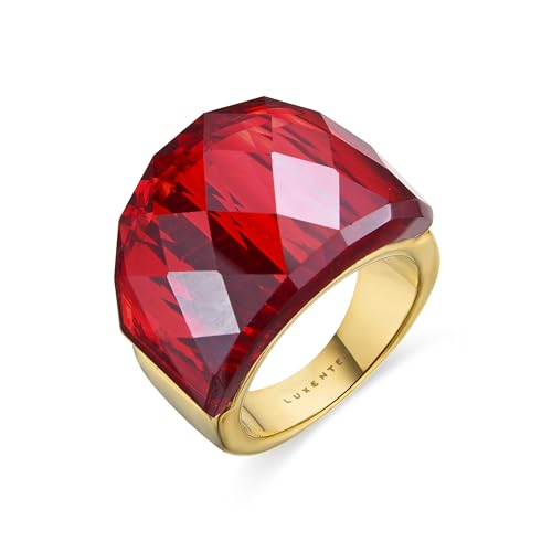 LUXENTER Anillo Mujer en Aleación de Metal con Cuarzo Hidrotermal Ónix Color Rojo y Dorado Acabado en Oro Amarillo de 18k Ancho 17 mm Talla 14 Modelo Fadino