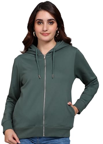 Image of Alan Jones Clothing Women's Solid Zipper Hooded Sweatshirt | Front Zip, Ribbed Hem, Lined Hood, Casual Winter Wear