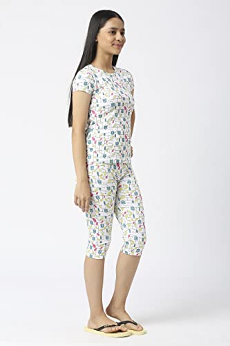 Image of SINI MINI Round Neck with Half Sleeve Top & Capri Beige Girls Casual Pack of 1 Night Suit Set