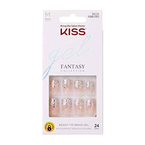KISS Gel Fantasy Ready-to-Wear Press-On/Glue-On Gel Nails, Style âI Feel Youâ, Medium Length Gel Nail Kit with 24 Mega Adhesive Tabs, Pink Gel Glue, Manicure Stick, Mini File, and 24 Fake Nails