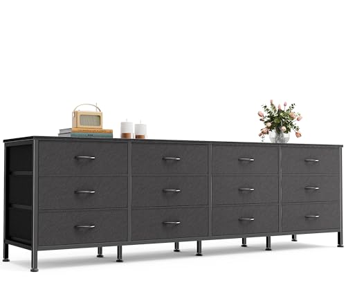 Huuger 70 Inch Black Dresser for Bedroom, TV Stand for 65, 75, 80 Inch TV, 12 Fabric Drawer Long Dresser, Wide Chest of Drawer, Storage Units for Living Room