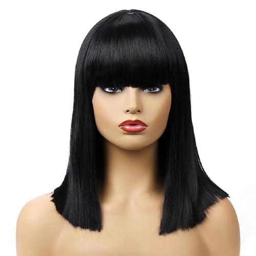 CATMEYE Perruque Noire Lisse avec Frange, Coupe Bob Courte en Fibre Synthétique Résistante à la Chaleur pour Femmes & Filles, Bonnet Ajustable, Déguisement Cosplay...