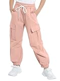JiAmy Girls Cargo Trousers Drawstring Elastic Waist Kids Casual Baggy with Multi Pockets Trouser Dance Y2k Hip-hop Pants for 9-10 Years, Pink