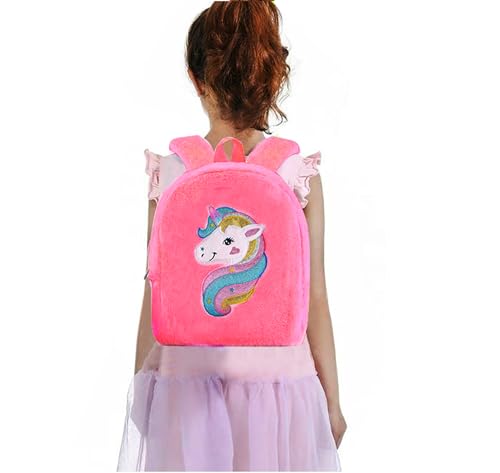 Image of Frantic Cartoon Design Animal Soft Velvet Plush 1 Compartment School Backpack Bag For 2 To 5 Years Boys Girls Nursery Preschool Picnic Carry Travelling Bags(HotPink Unicorn Fur)