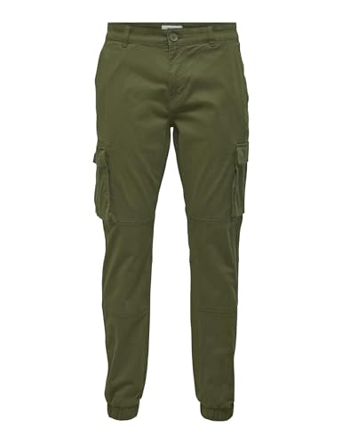 Pantaloni Cargo Uomo Only&Sons Taglio Affusolato Polsini Elastici Tasche Cargo, Colore:Oliva, Taglia Pantalone:30W / 32L, Lunghezza Della Gamba:L32